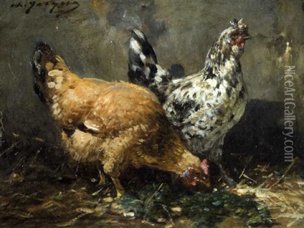 Les Deux Poules Oil Painting - Charles Emile Jacque