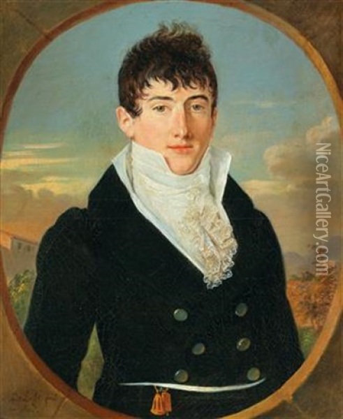 Portrait Of An Elegant Young Man Before A Landscape Background At Dusk Oil Painting - Jean-Jacques-Thereza Delusse