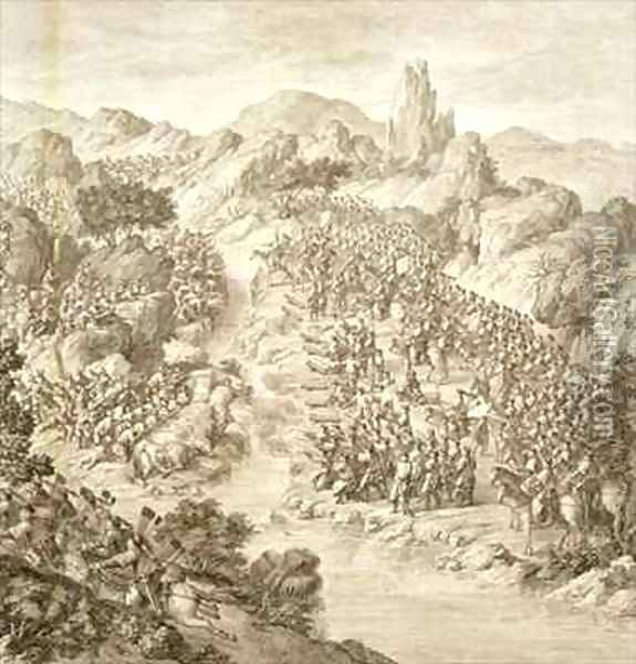 The First Battle between the Chinese Army and that of the Eleuths in 1759 Oil Painting - Damascene, Jean (An Tai)
