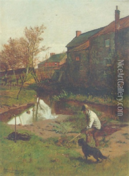 A Farmer With His Dog By A Garden Pond Oil Painting - Harry Frier