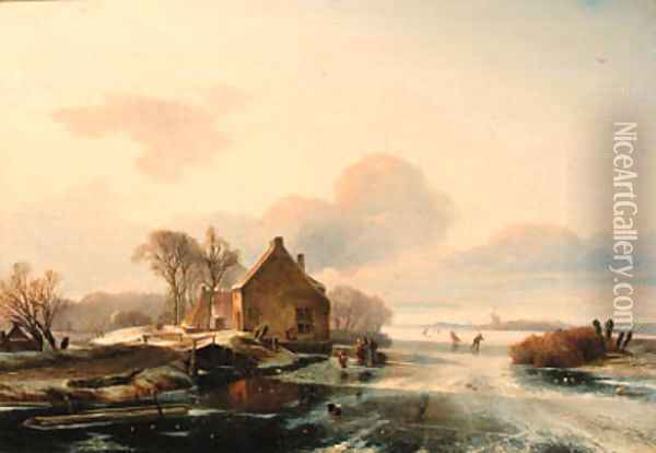 A winter landscape with skaters on a lake Oil Painting - Charles Henri Joseph Leickert