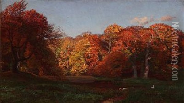 Autumn Day At A Meadow In The Woods Oil Painting - Niels Kristian Skovgaard