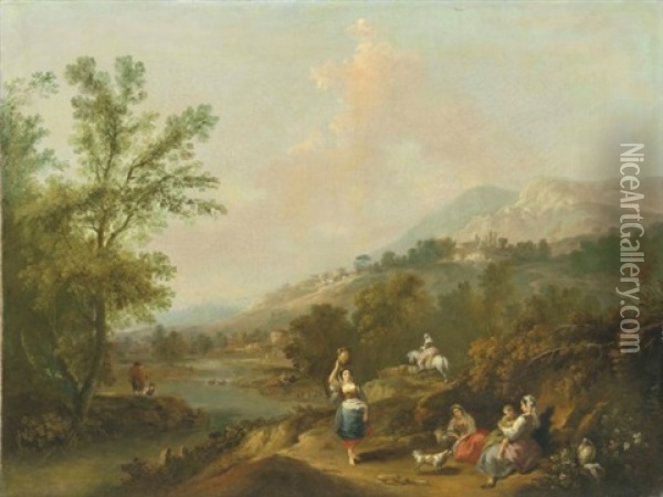 An Extensive Italianate River Landscape With Washerwomen On A Path Oil Painting - Francesco Zuccarelli