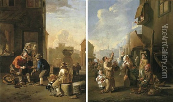A Cobbler And A Bread-seller In A Roman Street Oil Painting - Johannes Lingelbach