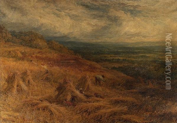 Harvesting On The Downs Oil Painting - George Lucas