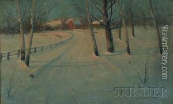 Country Road With Birches And Barn Oil Painting - Svend Rasmussen Svendsen