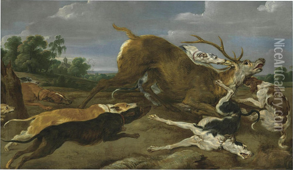Dogs Bringing Down A Stag Oil Painting - Paul de Vos