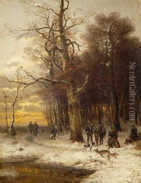 Jager Mit Jagdhunden Und Erlegtem Wild In Winterlandschaft Oil Painting - Konrad Wimmer