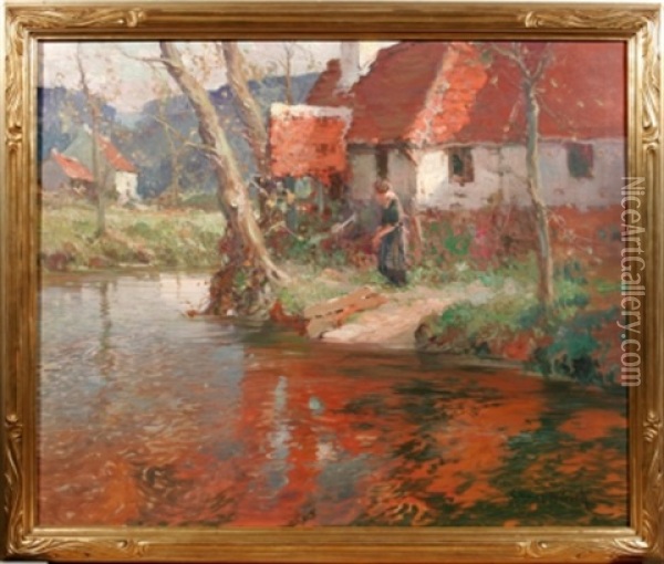 River Landscape With Lady Oil Painting - George Ames Aldrich