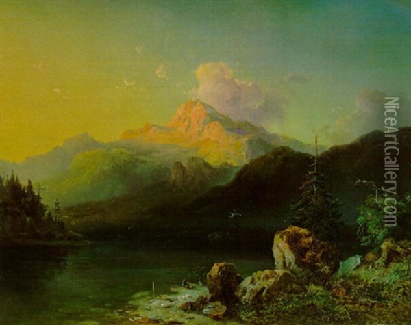 Gebirgsmassiv Am Seeufer Oil Painting - Edmund Mahlknecht