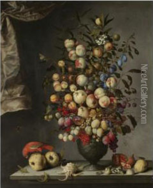 A Still Life With Sprays Of 
Apples, Peaches, Pears, Apricots, Plums, Greengages, Lemons, 
Redcurrants, Grapes And Other Fruit Arranged In A Decorated Basalt Urn, 
With Shells, A Red Parrot Perched On Quinces, A Lemon And An Open 
Pomegranate, A Lizar Oil Painting - Balthasar Van Der Ast