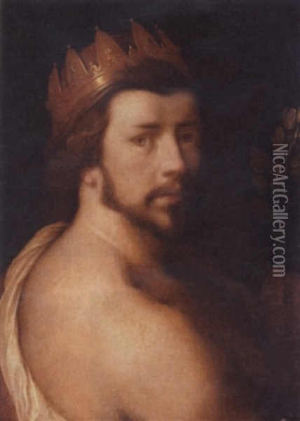 Portrait Of A Man As Apollo (a Self-portrait?) Oil Painting - Cornelis Cornelisz Van Haarlem