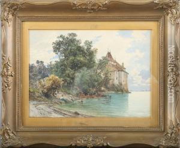 Lake Scenery With A Castle And A Girl Oil Painting - Ascan Lutteroth