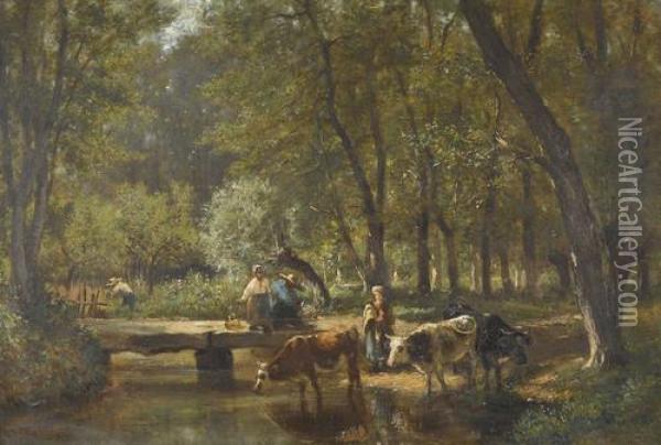 Waldpartie Mit Kuhen Bei Einem Bach Oil Painting - Rene Joseph Menard