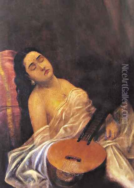 Sleeping Beauty Oil Painting - Raja Ravi Varma