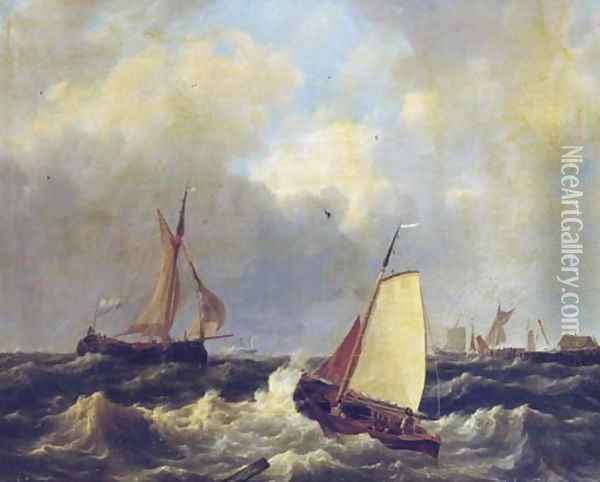 Sailing on choppy waters by a coast Oil Painting - Hendrik Jacob Elzer