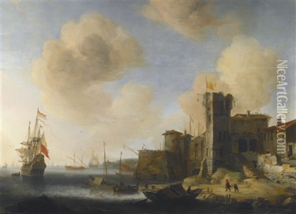 A Mediterranean Harbour, With The Dutch Vessel Profeet Elias At Anchor Oil Painting - Jan Abrahamsz. Beerstraten