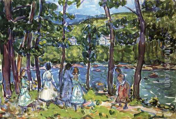 Girls On The Riverbank Oil Painting - Maurice Brazil Prendergast