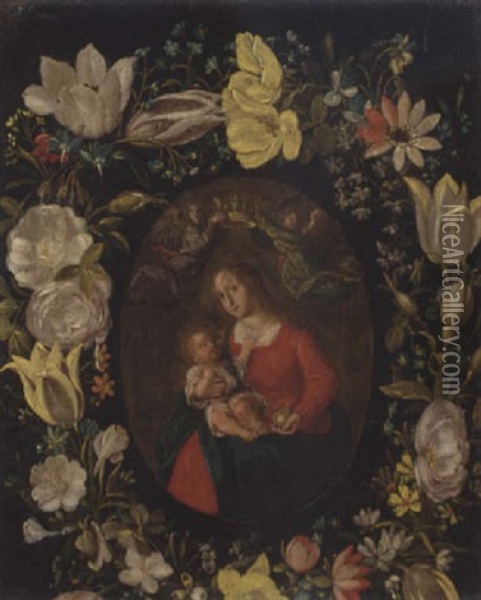 The Virgin And Child Set In A Feigned Cartouche Of Tulips, Roses And Other Flowers Oil Painting - Jan van Kessel
