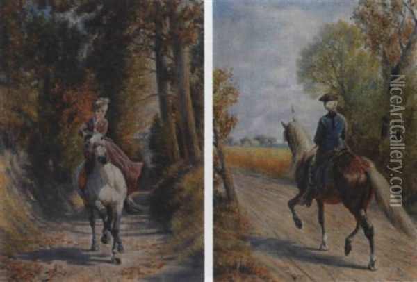 Vornehme Dame In Rotem Kleid Zu Pferd Oil Painting - Franz Quaglio