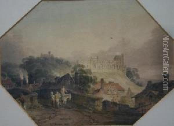 Village Scene With Bridge, Figures And Man On Horseback, With Castellated Country House In Background Oil Painting - J.J. Munne