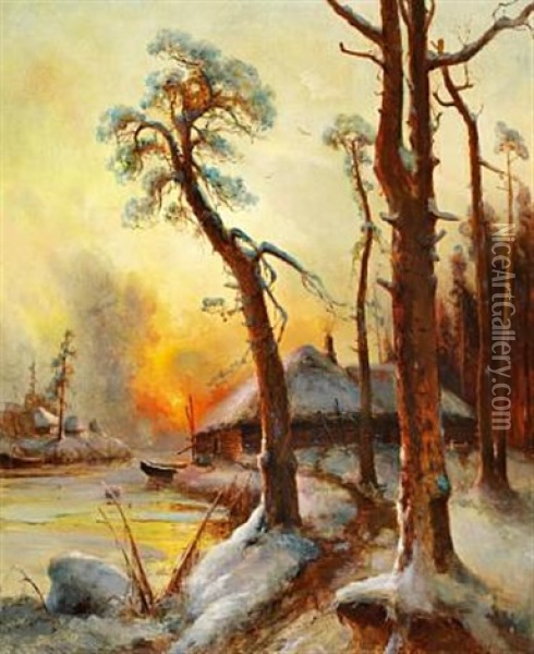 Sunset Over A Winter Landscape With A Hut By A River Oil Painting - Yuliy Yulevich (Julius) Klever