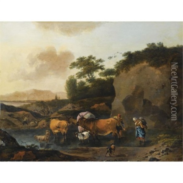 An Italianate Landscape With A Shepherd's Family Crossing A Stream With Their Herd, A Dog In The Foreground Oil Painting - Abraham Jansz. Begeyn
