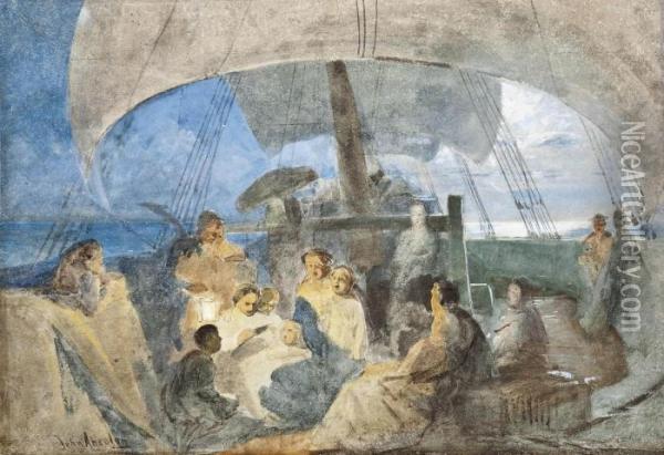 Evening Prayers On An Emigrant 
Ship (illustrated); And Crossing The Ocean To Distant Lands Oil Painting - John Absolon