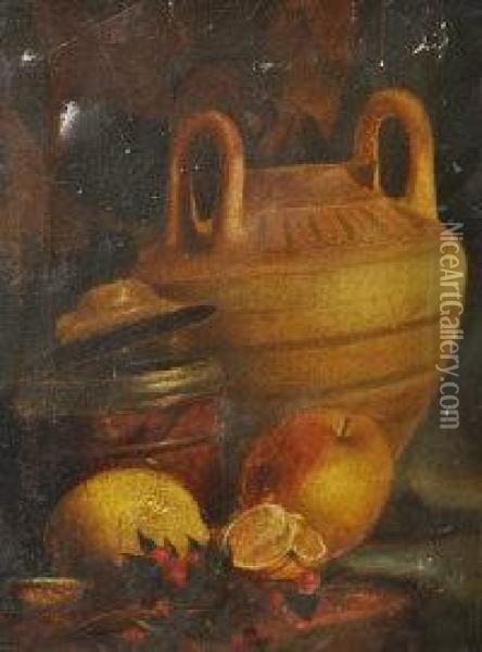 Still Life Of A Terracotta Jar And Fruit Oil Painting - Alfred Banner