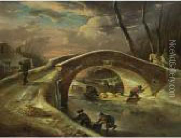 A Winter Landscape With A Horse 
Drawn Cart Going Over A Bridge, Peasants Transporting Pigs Over The 
River, And Children Sledging Oil Painting - Andries Vermeulen