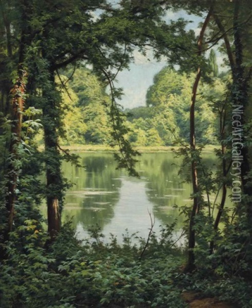 A Woodland Lake Oil Painting - Henri Biva