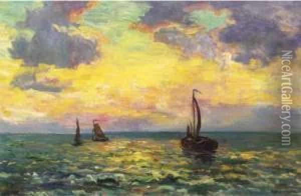 Avondstemming Noordzee: Sailingvessels On The Northsea Atsunset Oil Painting - Charles Dankmeijer