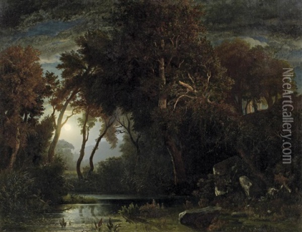 Vollmondnacht Am Waldsee Oil Painting - Johann Wilhelm Schirmer