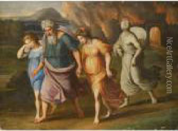 Lot And His Daughters Fleeing The Destruction Of Sodom And Gomorrah Oil Painting - Raphael (Raffaello Sanzio of Urbino)