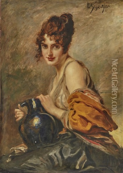 Young Lady With Jug Oil Painting - Leopold Schmutzler