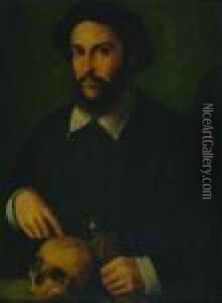 Portrait Of A Gentleman With A Skull Oil Painting - Bartholomaeus I Bruyn