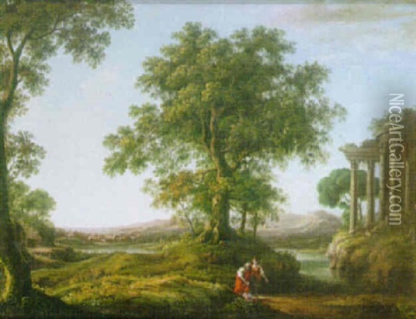 Classical Landscape With Figures Beside Ruins Oil Painting - Jacob Philipp Hackert