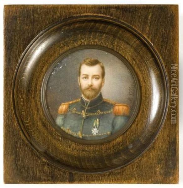 Portrait Miniature Sur Ivoire Signe N. Elbey, Representant L'empereur En Tenue D'officier. Oil Painting - Nicolas Ii De Poilly
