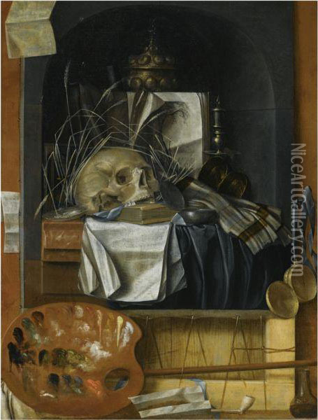 A Trompe L'oeil Of Painter's Attributes With A Painting Of A Vanitas Still Life With A Skull, Music Sheets, A Silver Gilt Chalice, A Candlestick And Other Objects, Together With A Painter's Palette, A Pipe And A Pocket Watch Oil Painting - Franciscus Gysbrechts