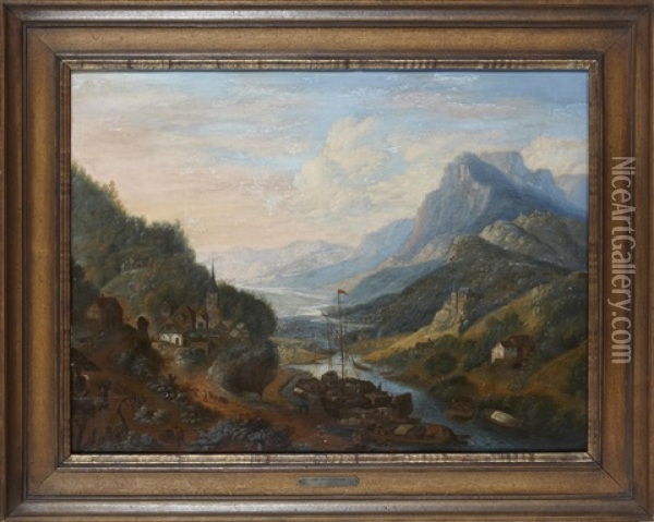 Rhenlandskt Flodlandskap Med By Och Figurer Oil Painting - Jan Griffier the Elder