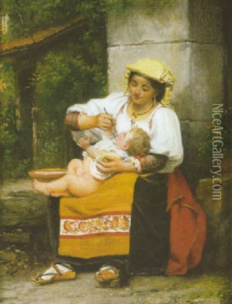 Italienne Donnant La Soupe A Son Enfant Oil Painting - Celestin-Joseph Blanc