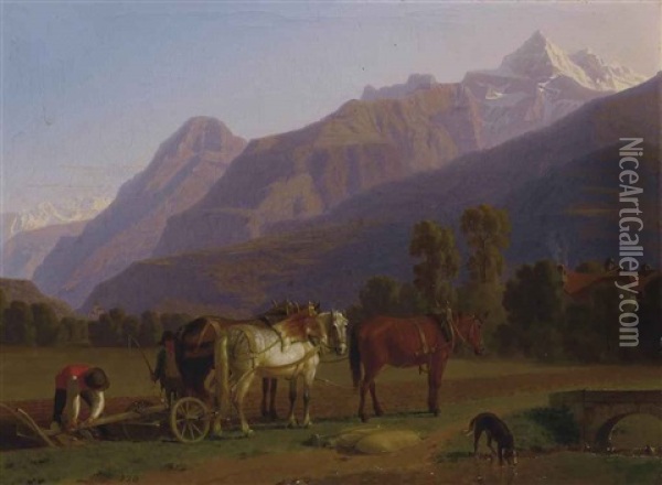 Feldarbeit Mit Pferden Oil Painting - Johann Jakob Biedermann