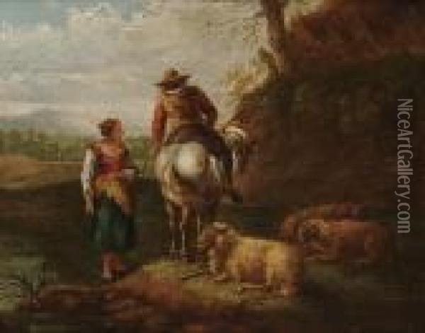 A Shepherd And Shepherdess With 
Their Flock In A Landscape; A Drover Resting Beside A Stream Oil Painting - Nicolaes Berchem
