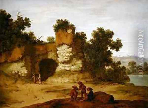 A rocky landscape with travellers resting Oil Painting - Jacobus Sibrandi Mancadan