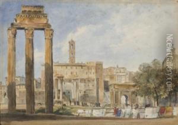 Vue Du Forum A Rome Avec Le Temple De Vespasien Au Premier Plan Oil Painting - Thomas Hartley Cromek