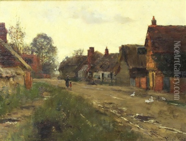Village Street Scene With Mother And Child And Geese To Fireground Oil Painting - Henry John Yeend King