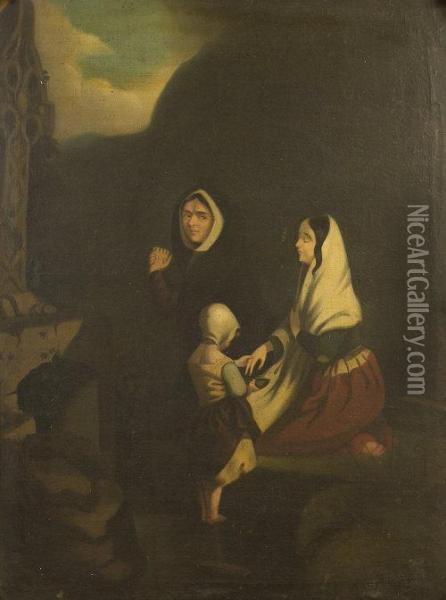 Two Ladies And A Child At The Foot Of A High Cross Oil Painting - Daniel Maclise