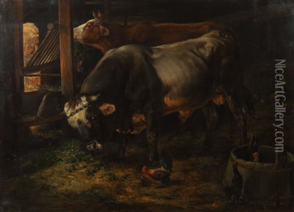 Grauer Bulle Und Kuh Im Stall Oil Painting - Siegwald Johannes Dahl