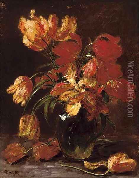 Parrot tulips in a glass vase Oil Painting - Alexis Kreyder