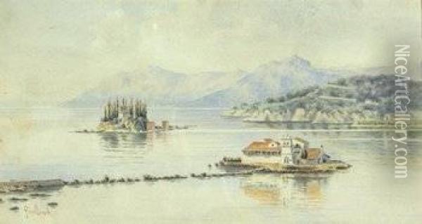 The Island Of Pontikonissi And The Monastery Of Vlacherna, Corfu Oil Painting - Angelos Giallina